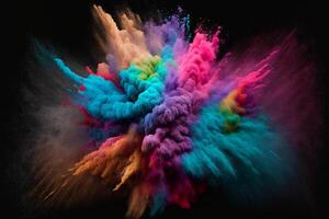 Explosion of cloudy, colorful powder. Freeze motion of color powder exploding, on black background, . photo