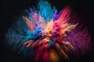 Explosion of cloudy, colorful powder. Freeze motion of color powder exploding, on black background, . photo