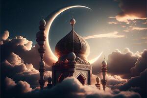 Ramadán kareem fondo, creciente Luna con mezquita, islámico eid Mubarak para musulmán vacaciones, eid-ul-adha festival celebracion, generativo ai. foto