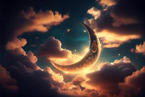 Ramadan Kareem background, Crescent moon with mosque, Islamic Eid Mubarak for Muslim Holidays, Eid-Ul-Adha festival celebration, . photo