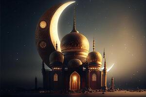 Ramadan Kareem background, Crescent moon with mosque, Islamic Eid Mubarak for Muslim Holidays, Eid-Ul-Adha festival celebration, . photo