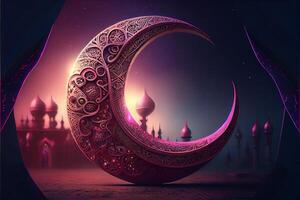 Ramadán kareem fondo, creciente Luna con mezquita, islámico eid Mubarak para musulmán vacaciones, eid-ul-adha festival celebracion, generativo ai. foto