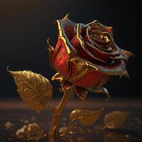 Beautiful realistic red and gold rose painting on dark background.. photo