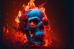 Scary love, Human skull and roses with fire flames Illustration for Valentine's Day or halloween, . photo