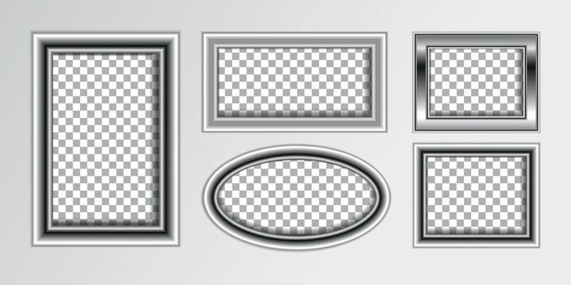 Set of empty white picture frames. Blank white picture frames mockup template isolated on transparent background. Vector collection