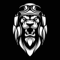 Lion Pilot Black and White Mascot Design vector