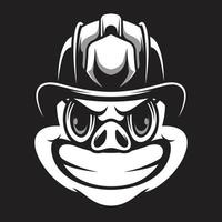 Pig Firefighter Black and White Mascot Design vector