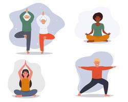 A set of people who want yoga, exercise, active exercise. An elderly couple, a young man and a woman are doing sports, stretching, standing in different asanas. Vector flat graphics.
