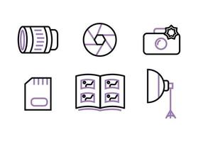 Photographer icon set with violet color. Photographer equipment icons. Lens, shutter, camera, memory card, photography, softbox vector