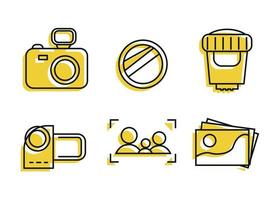 Photography icons. Icon set for photographer colored. Icons camera, camcorder, lens, lens, photograph, focus with silhouettes, with yellow vector