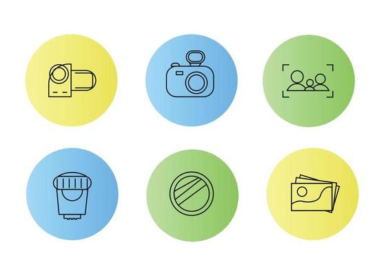 Photography icons.Icon set for the photographer on a colored background. Icons camera, camcorder, lens, lens, photograph, focus with silhouettes, yellow, green, blue background