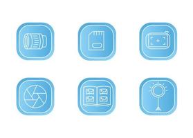 Photographer icon set on blue background. Photographer equipment icons. Objective, photos, focusing, shutter, photo album, ring lamp vector