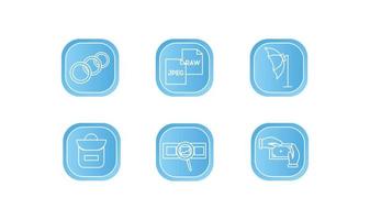 Icons photographer. Photographer equipment icons set on blue background. Ring lamp, photo paper, umbrella softbox, camera bag, film with magnifier, focus vector