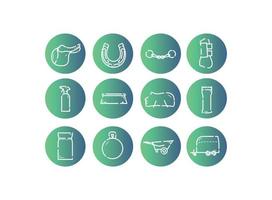 Horse equipment icons. Horse care tools icons set on a green background. Saddle, horseshoe, fishing rod, foot protection, cleaning agent, brush, feed, wheelbarrow, horse trailer vector