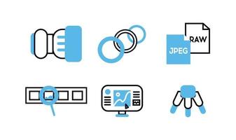 Icons photographer. Photographer equipment icons set with blue color. Lens, annular lamp, photo paper, format, camera roll with a magnifying glass, monitor, tripod vector