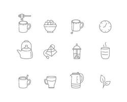 Tea linear icons. Everything for tea drinking. Vector