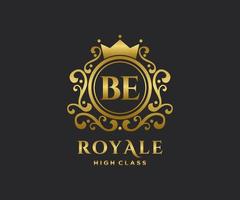 Golden Letter BE template logo Luxury gold letter with crown. Monogram alphabet . Beautiful royal initials letter. vector