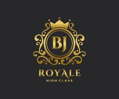 Golden Letter BJ template logo Luxury gold letter with crown. Monogram alphabet . Beautiful royal initials letter. vector
