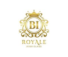 Golden Letter BI template logo Luxury gold letter with crown. Monogram alphabet . Beautiful royal initials letter. vector