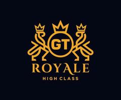 Golden Letter GT template logo Luxury gold letter with crown. Monogram alphabet . Beautiful royal initials letter. vector