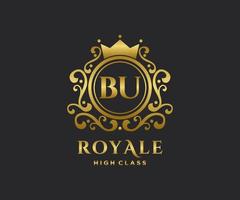 Golden Letter BU template logo Luxury gold letter with crown. Monogram alphabet . Beautiful royal initials letter. vector