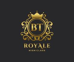 Golden Letter BT template logo Luxury gold letter with crown. Monogram alphabet . Beautiful royal initials letter. vector