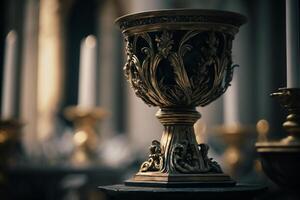 a baptismal font stands ready for the sacrament of baptism photo