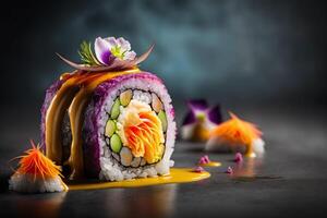 tasty sushi rolls with fish photo