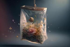 tea bag with delicate leaves photo
