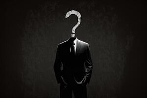 a man in a black suit with a question mark instead of a head, businessman search answer photo