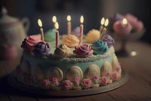 celebrate birthday cake with candles low light illustration photo