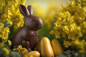 chocolate rabbit bunny in yellow spring flowers illustration photo