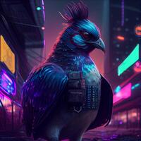 cyber chicken in futuristic cyber city illustration photo