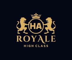 Golden Letter HA template logo Luxury gold letter with crown. Monogram alphabet . Beautiful royal initials letter. vector