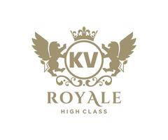 Golden Letter KV template logo Luxury gold letter with crown. Monogram alphabet . Beautiful royal initials letter. vector