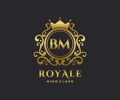 Golden Letter BM template logo Luxury gold letter with crown. Monogram alphabet . Beautiful royal initials letter. vector