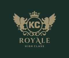 Golden Letter KC template logo Luxury gold letter with crown. Monogram alphabet . Beautiful royal initials letter. vector