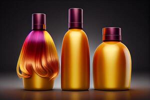 gold shampoo and gel bottles and hair wig, hair cosmetics for bath treatments illustration photo