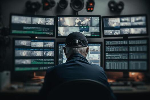 man video maker editor works behind many monitors illustration photo