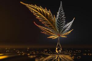 green leaf and golden drop cbd cannabis oil illustration photo