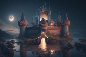 night mystical castle with towers on the river shore photo