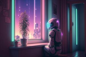 sad robot looks out the window, robotic recognizes emotions illustration photo