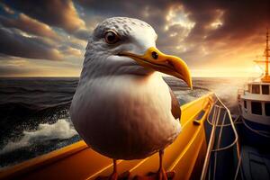 Gaviota en tablero un Embarcacion a mar en noche puesta del sol cielo antecedentes ilustración generativo ai foto