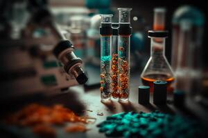 microscope and test tubes on table, Science research photo