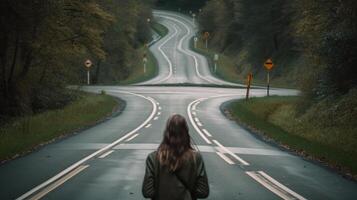 mujer en el medio de el la carretera espalda ver generativo ai foto