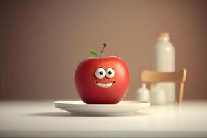 gracioso rojo manzana con ojos en un cocina plato generativo ai foto