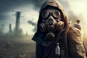 man in a gas protective mask on his face survives in a radiation world illustration photo