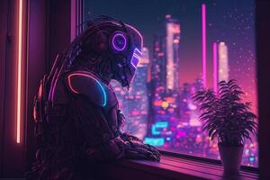 sad robot looks out the window, robotic recognizes emotions illustration photo