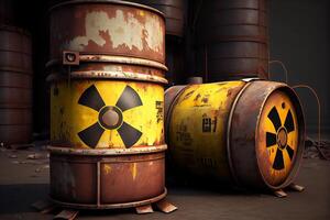 amarillo barriles con tóxico radioactivo desperdiciar, ilustración generativo ai foto