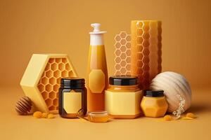 propóleos productos cosméticos producto, botellas con abeja extraer establecido en cera de abejas belleza piel cuidado ilustración generativo ai foto